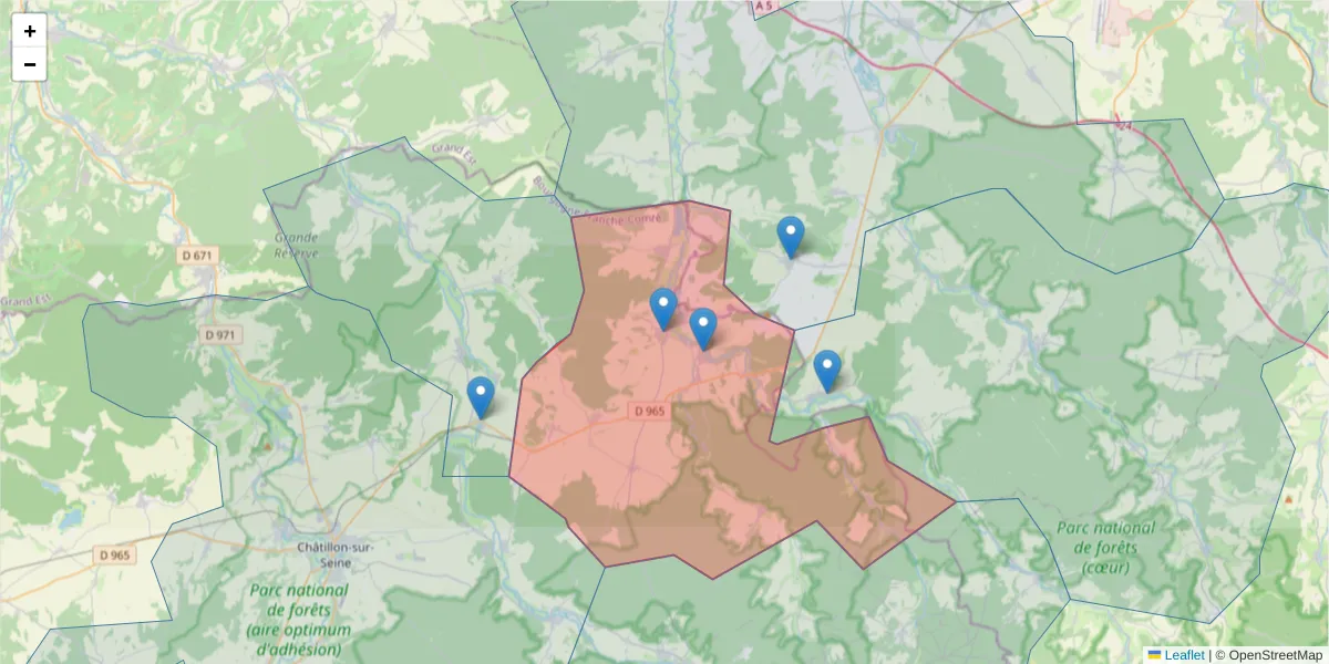 Carte de la zone du code postal  et des codes postaux voisins en France