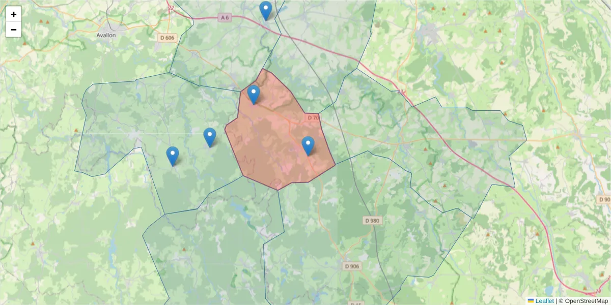 Carte de la zone du code postal  et des codes postaux voisins en France