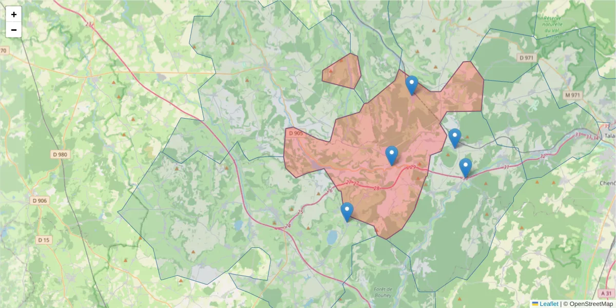 Carte de la zone du code postal  et des codes postaux voisins en France