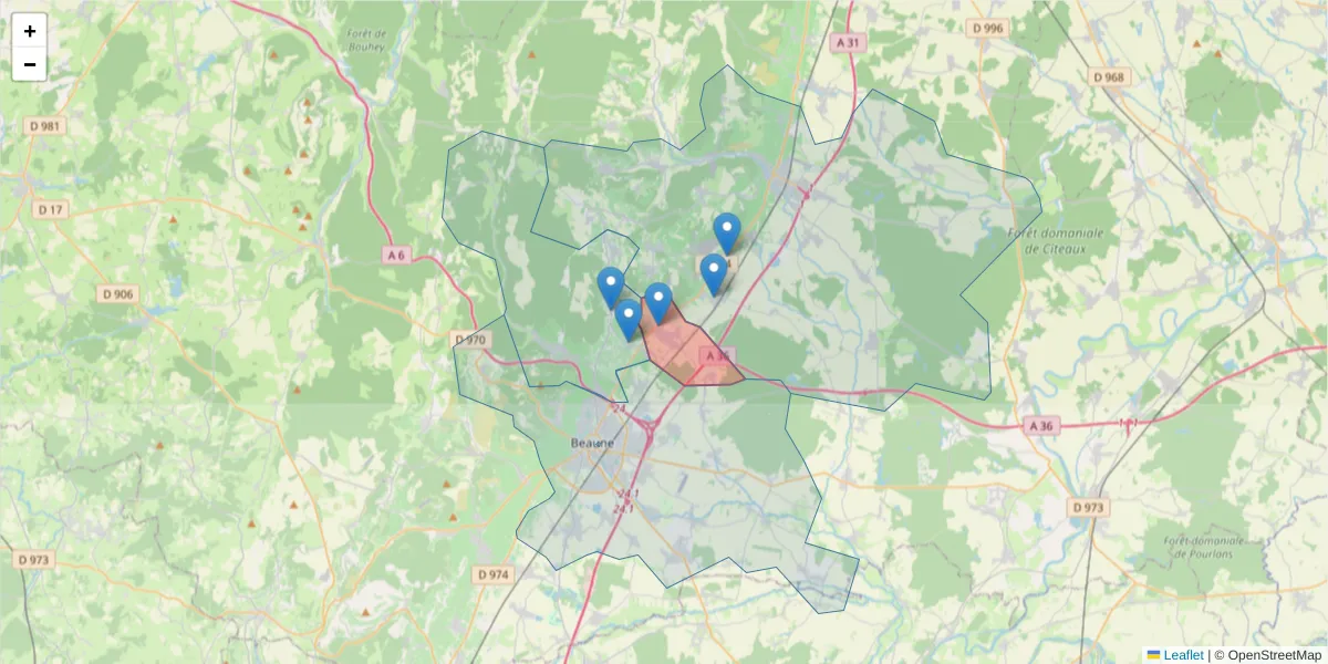 Carte de la zone du code postal  et des codes postaux voisins en France