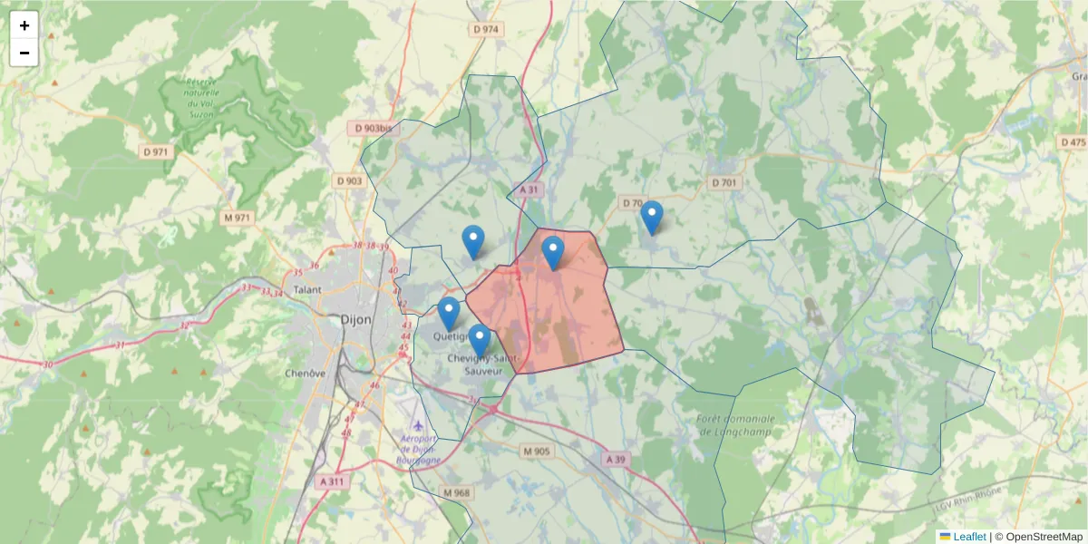Carte de la zone du code postal  et des codes postaux voisins en France