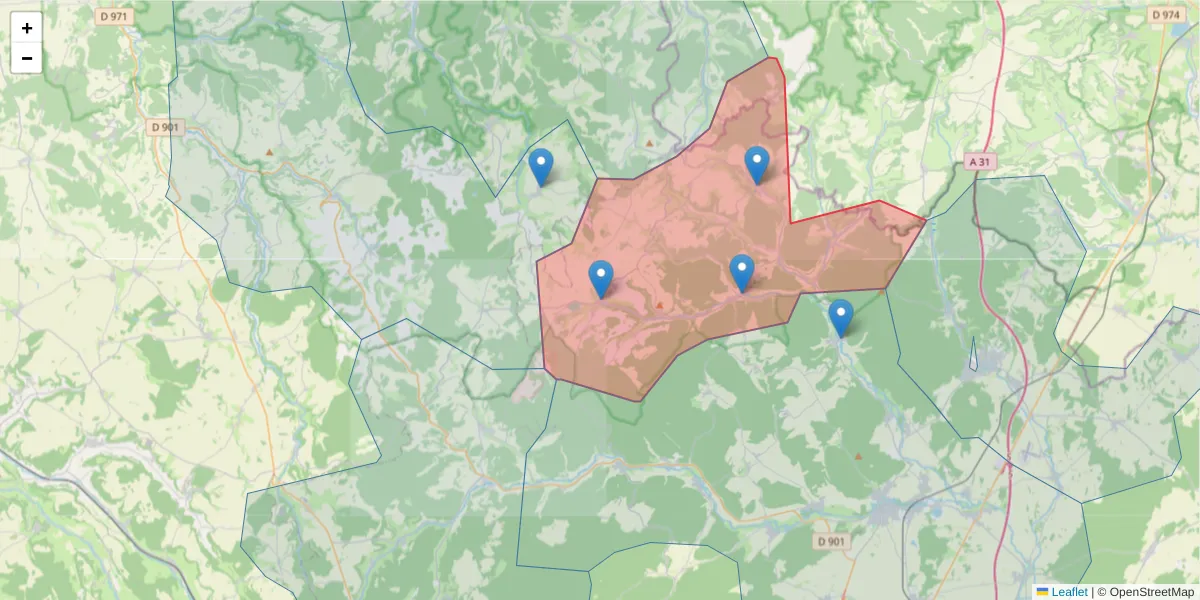 Carte de la zone du code postal  et des codes postaux voisins en France