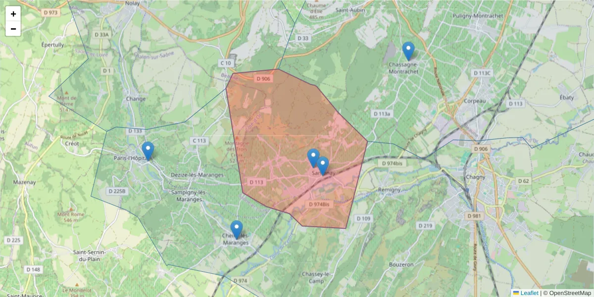 Carte de la zone du code postal  et des codes postaux voisins en France