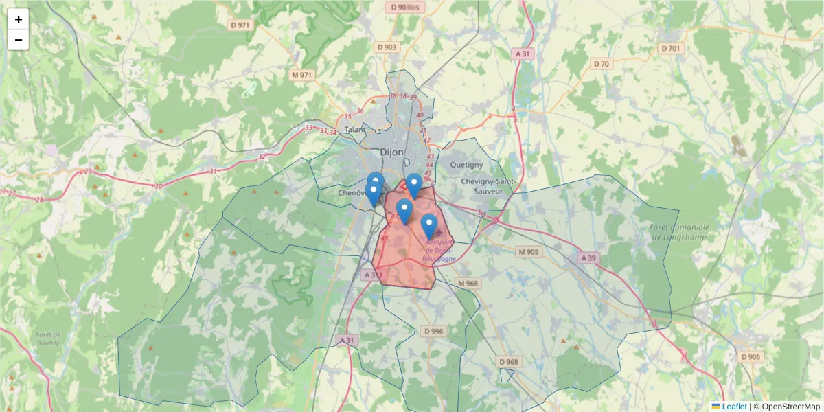 Carte de la zone du code postal  et des codes postaux voisins en France