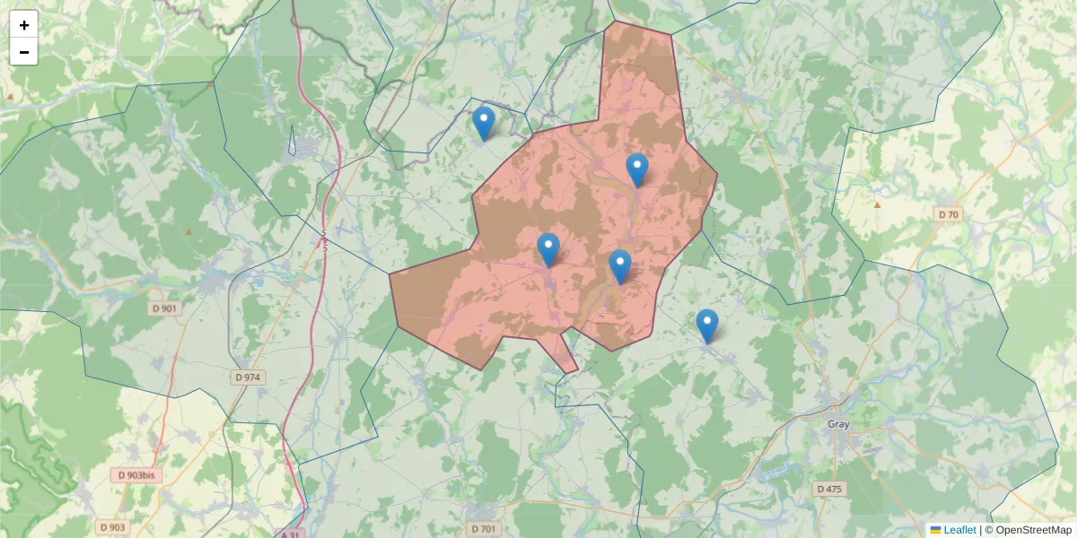 Carte de la zone du code postal  et des codes postaux voisins en France