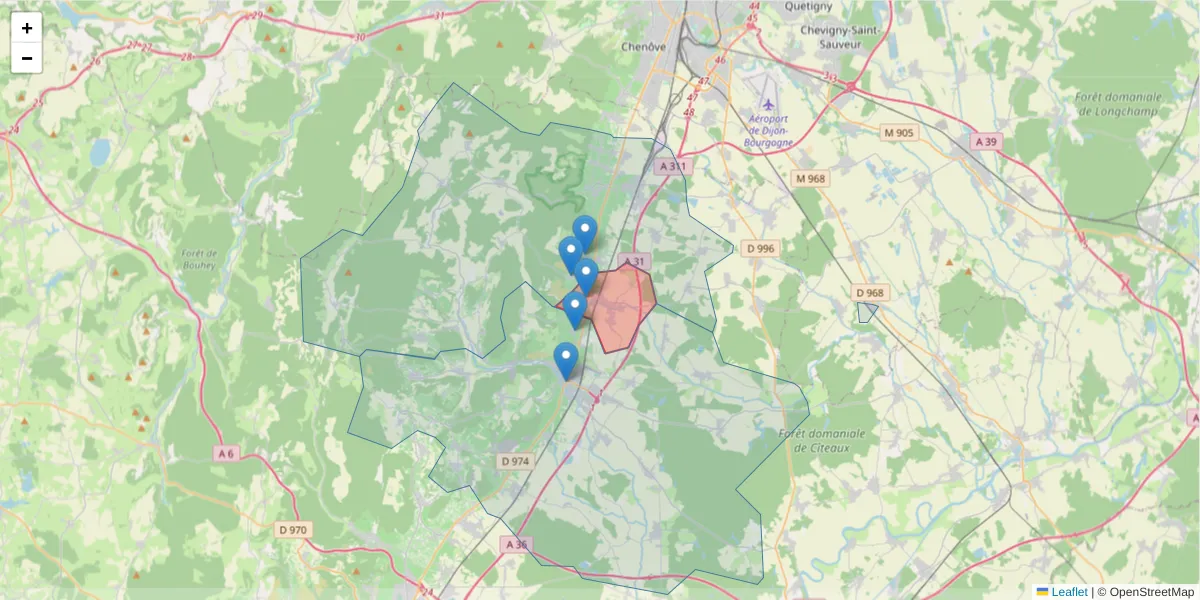 Carte de la zone du code postal  et des codes postaux voisins en France