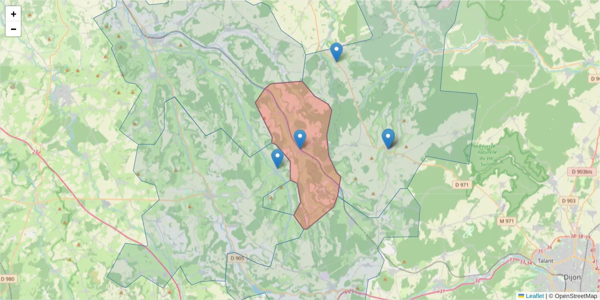 Carte de la zone du code postal  et des codes postaux voisins en France