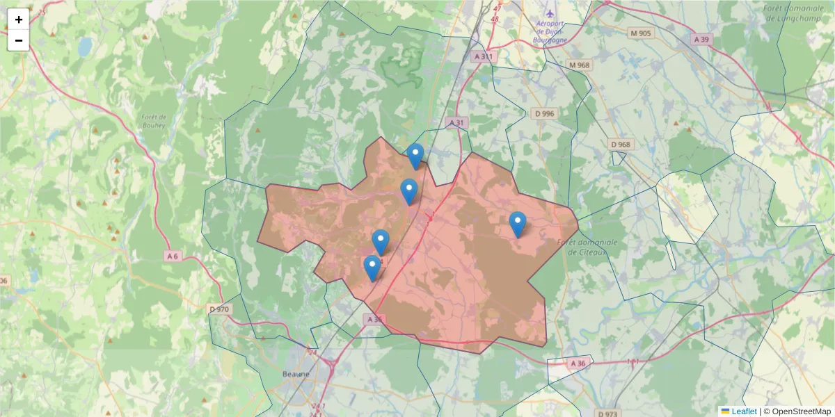 Carte de la zone du code postal  et des codes postaux voisins en France