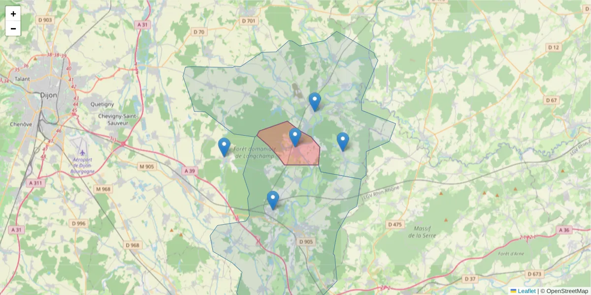 Carte de la zone du code postal  et des codes postaux voisins en France