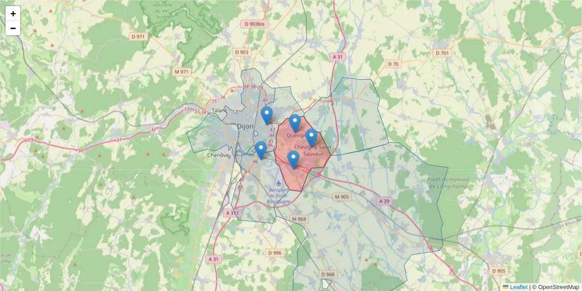 Carte de la zone du code postal  et des codes postaux voisins en France