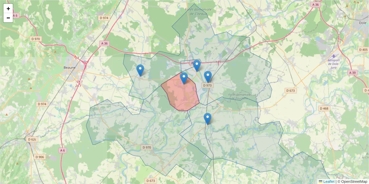 Carte de la zone du code postal  et des codes postaux voisins en France