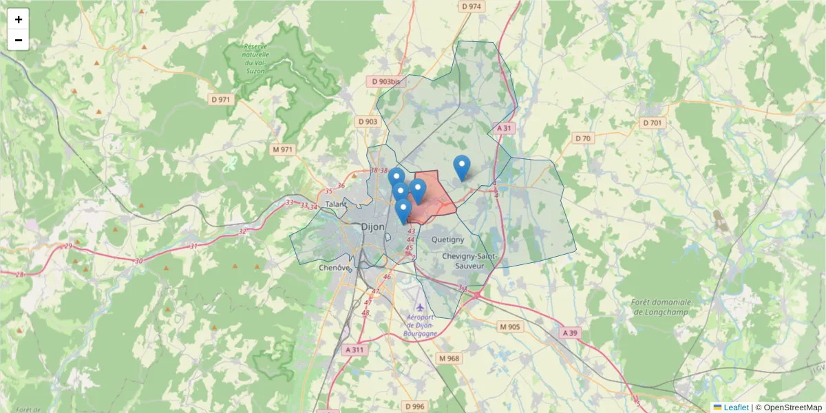 Carte de la zone du code postal  et des codes postaux voisins en France