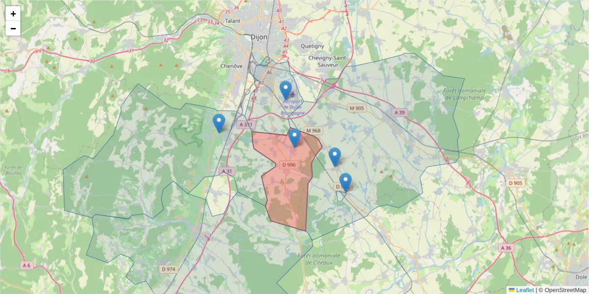 Carte de la zone du code postal  et des codes postaux voisins en France