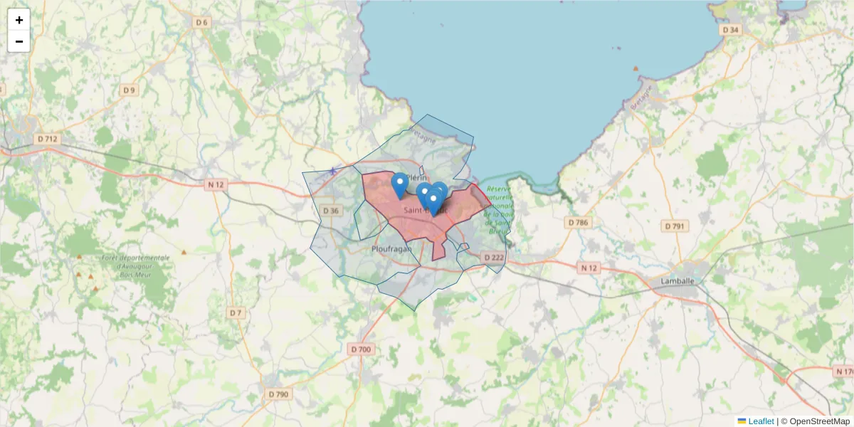 Carte de la zone du code postal  et des codes postaux voisins en France
