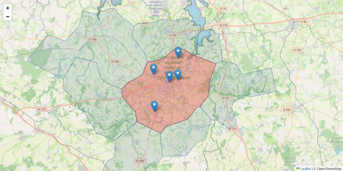 Carte de la zone du code postal  et des codes postaux voisins en France
