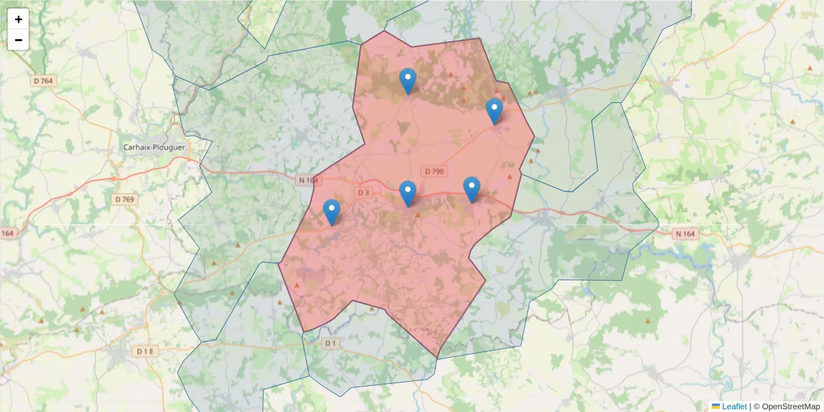 Carte de la zone du code postal  et des codes postaux voisins en France