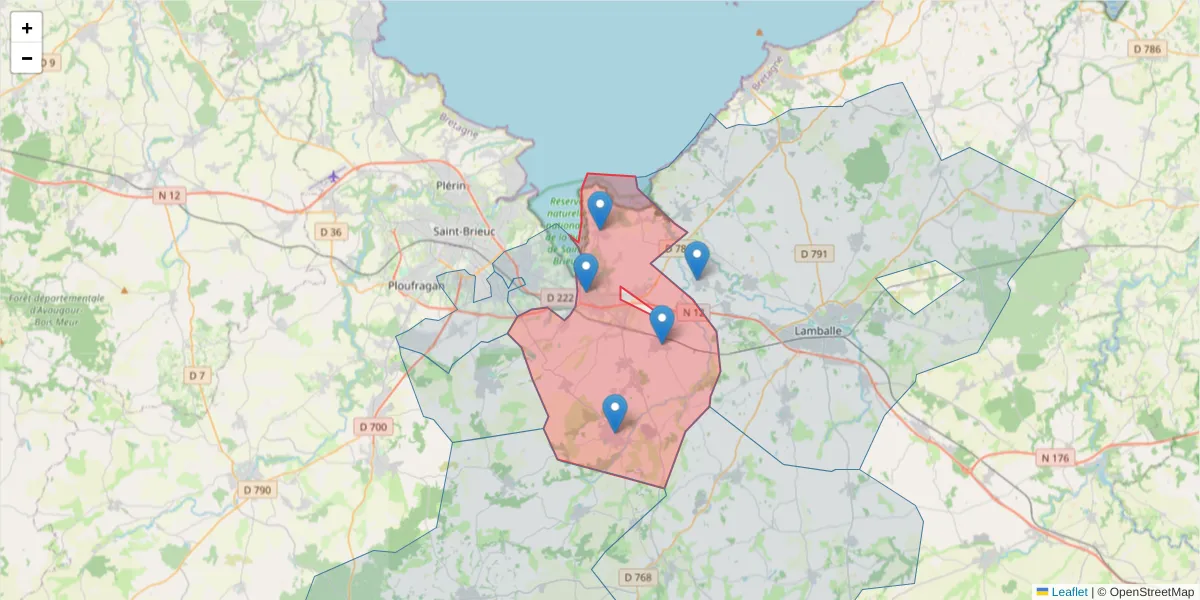 Carte de la zone du code postal  et des codes postaux voisins en France