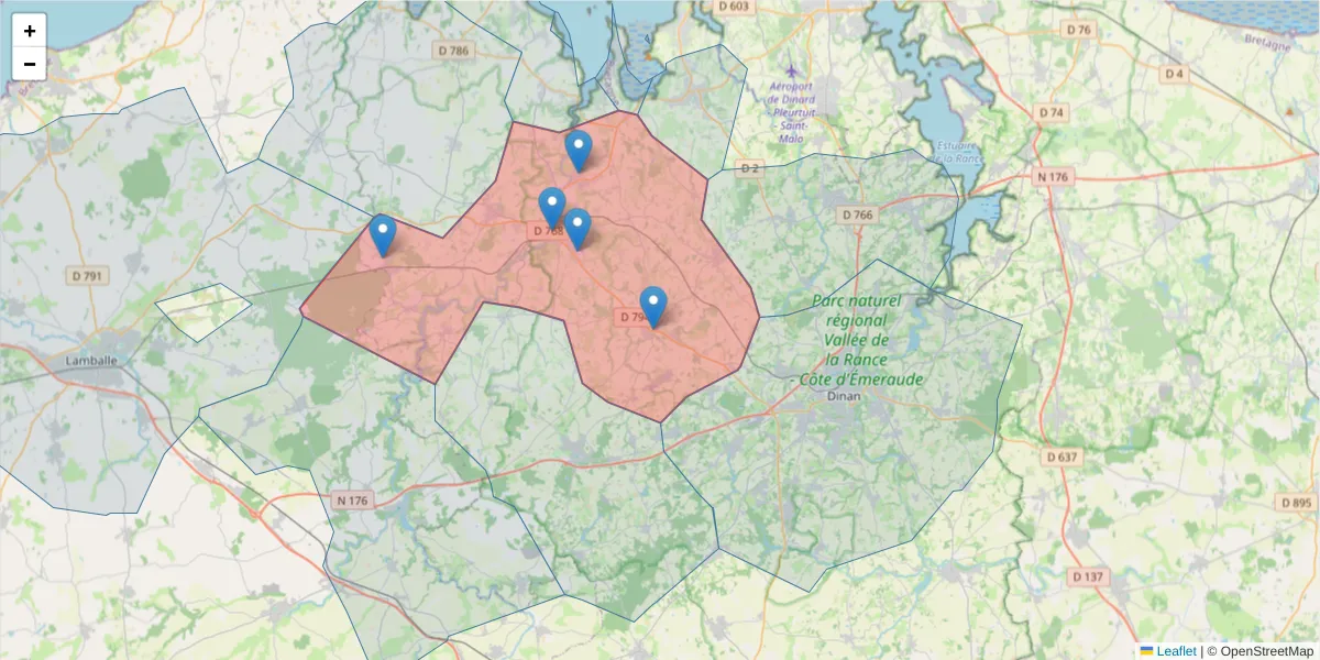 Carte de la zone du code postal  et des codes postaux voisins en France