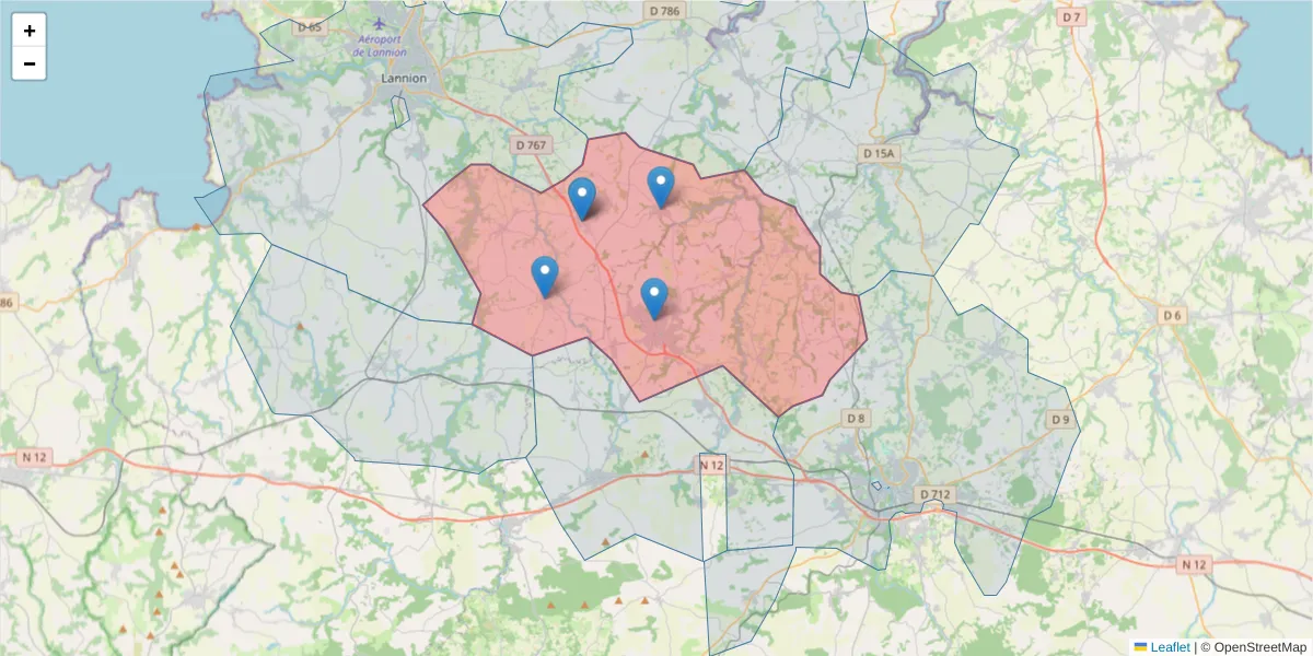 Carte de la zone du code postal  et des codes postaux voisins en France