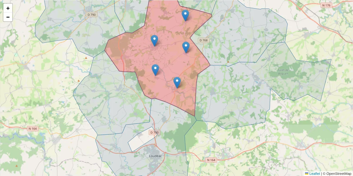 Carte de la zone du code postal  et des codes postaux voisins en France