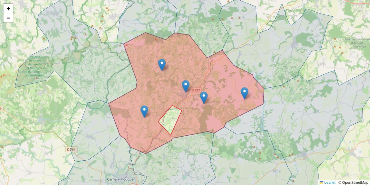 Carte de la zone du code postal  et des codes postaux voisins en France