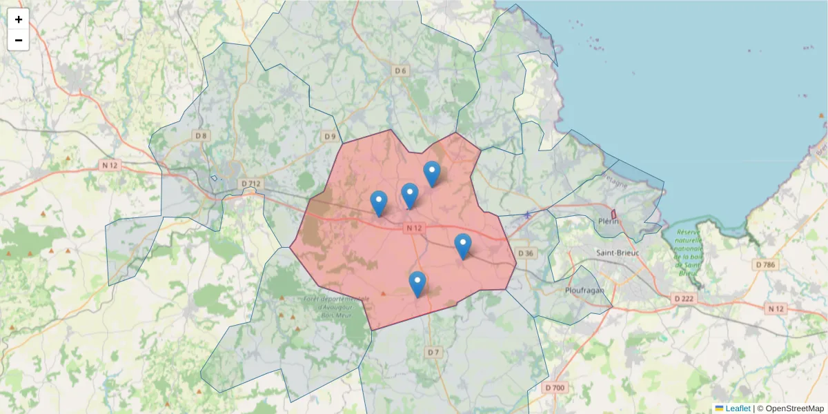Carte de la zone du code postal  et des codes postaux voisins en France