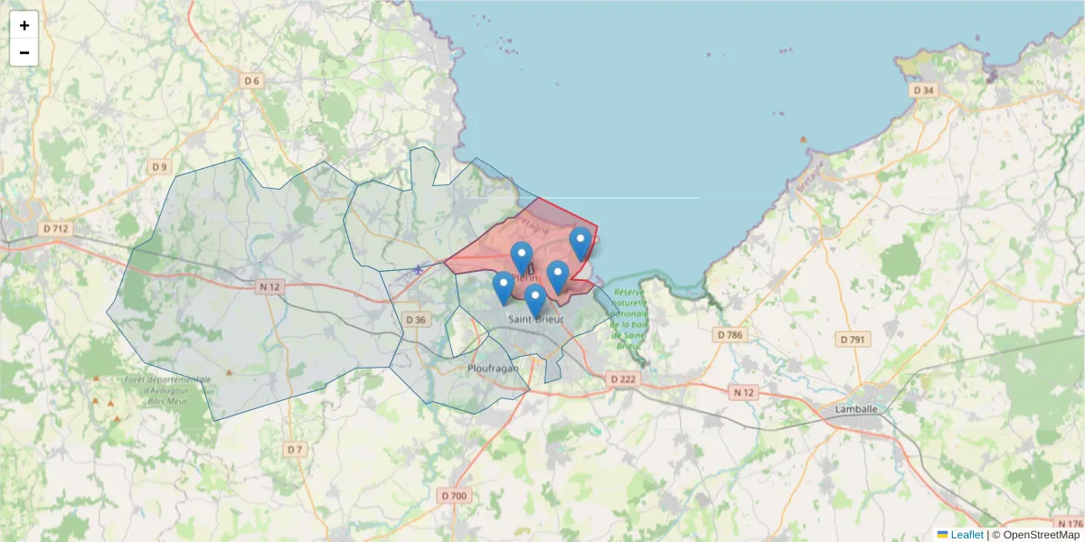 Carte de la zone du code postal  et des codes postaux voisins en France