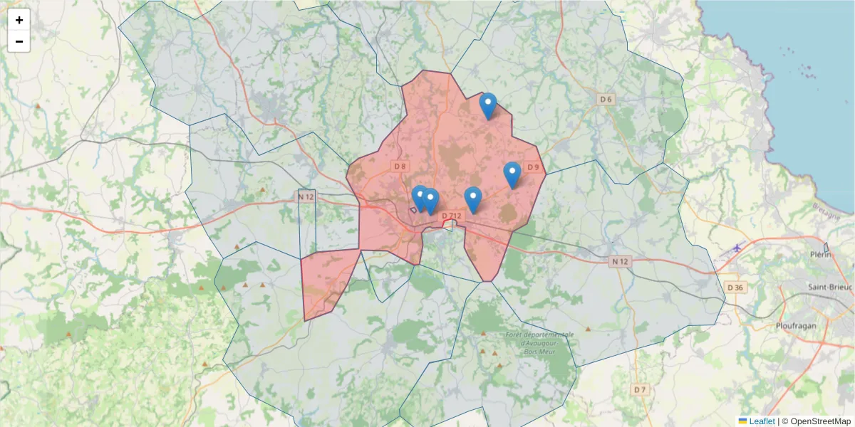 Carte de la zone du code postal  et des codes postaux voisins en France