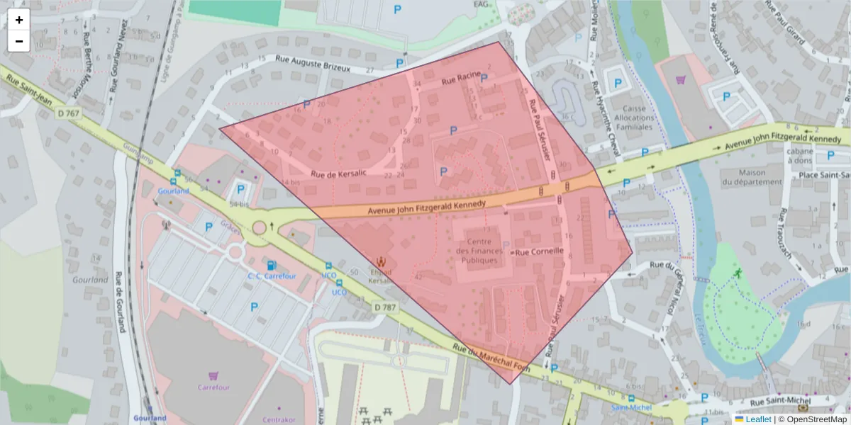 Carte de la zone du code postal  et des codes postaux voisins en France