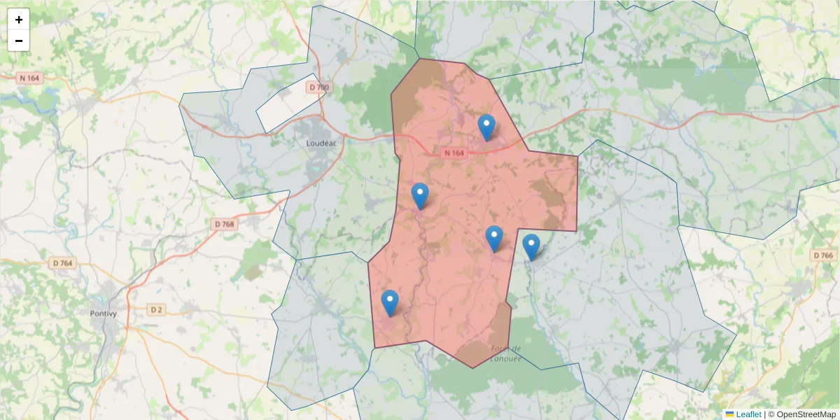 Carte de la zone du code postal  et des codes postaux voisins en France