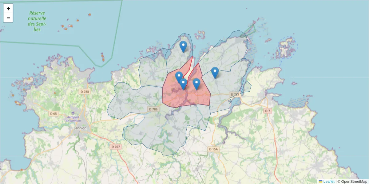 Carte de la zone du code postal  et des codes postaux voisins en France
