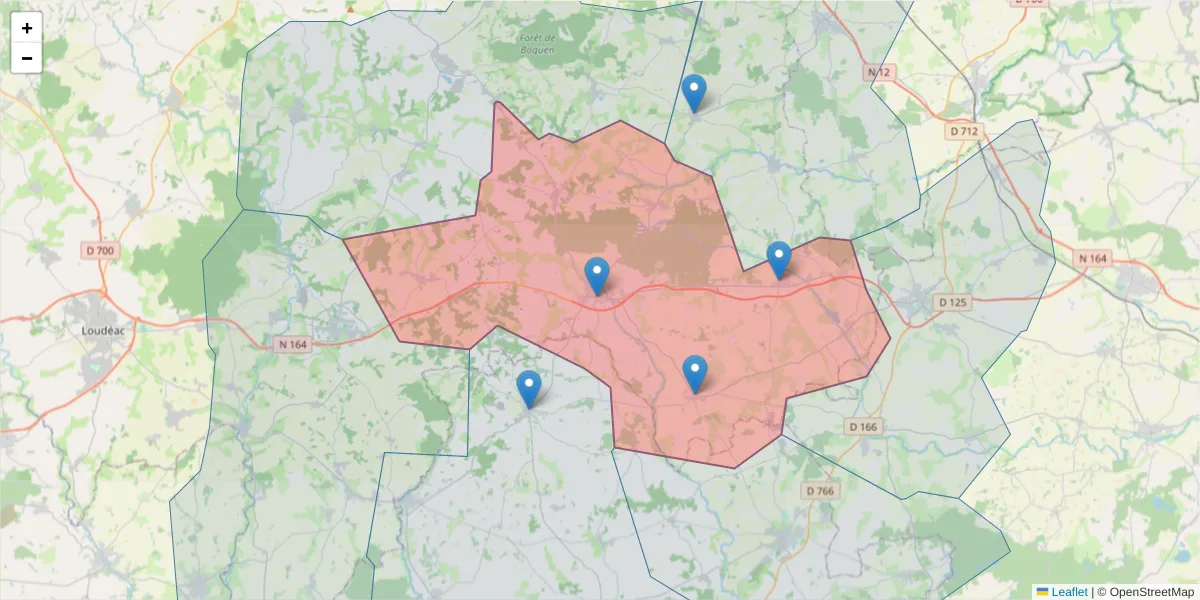 Carte de la zone du code postal  et des codes postaux voisins en France