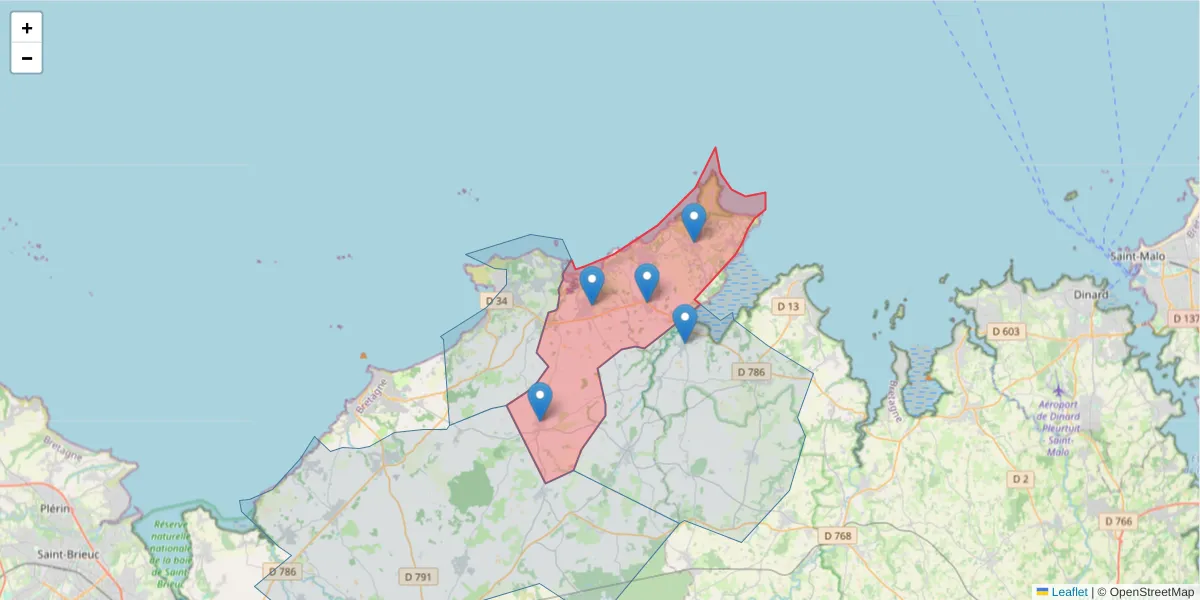 Carte de la zone du code postal  et des codes postaux voisins en France