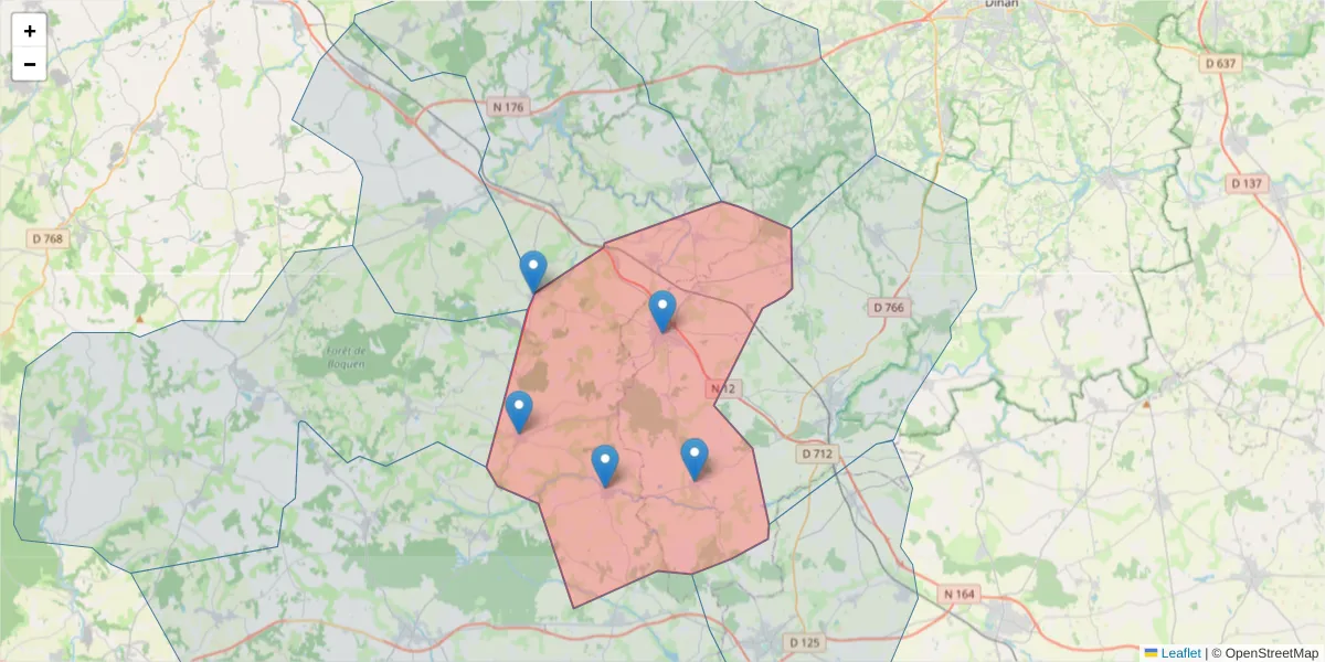 Carte de la zone du code postal  et des codes postaux voisins en France