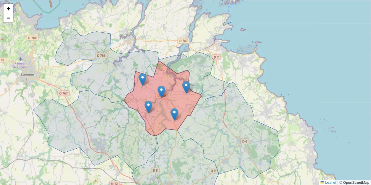 Carte de la zone du code postal  et des codes postaux voisins en France