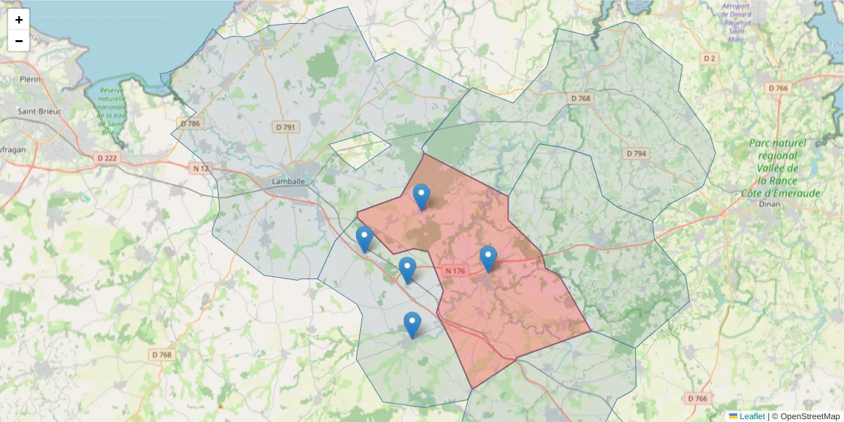 Carte de la zone du code postal  et des codes postaux voisins en France