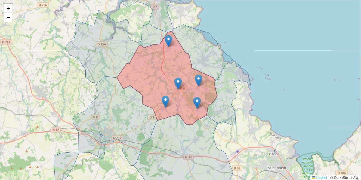 Carte de la zone du code postal  et des codes postaux voisins en France