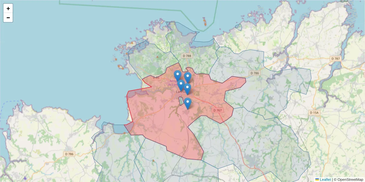Carte de la zone du code postal  et des codes postaux voisins en France