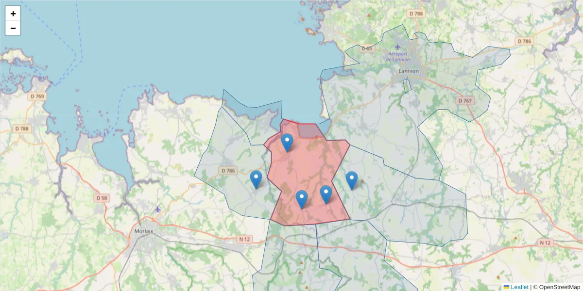 Carte de la zone du code postal  et des codes postaux voisins en France