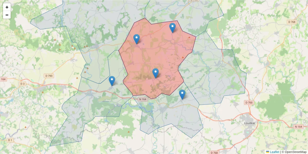Carte de la zone du code postal  et des codes postaux voisins en France