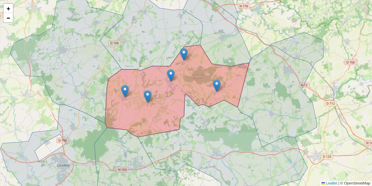 Carte de la zone du code postal  et des codes postaux voisins en France