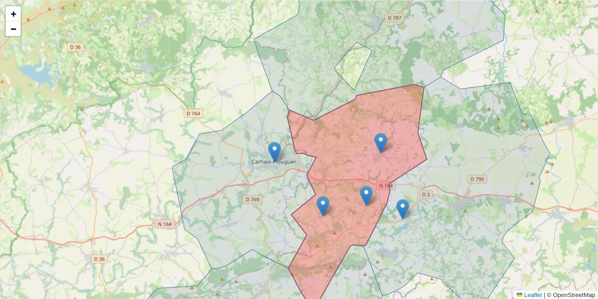 Carte de la zone du code postal  et des codes postaux voisins en France