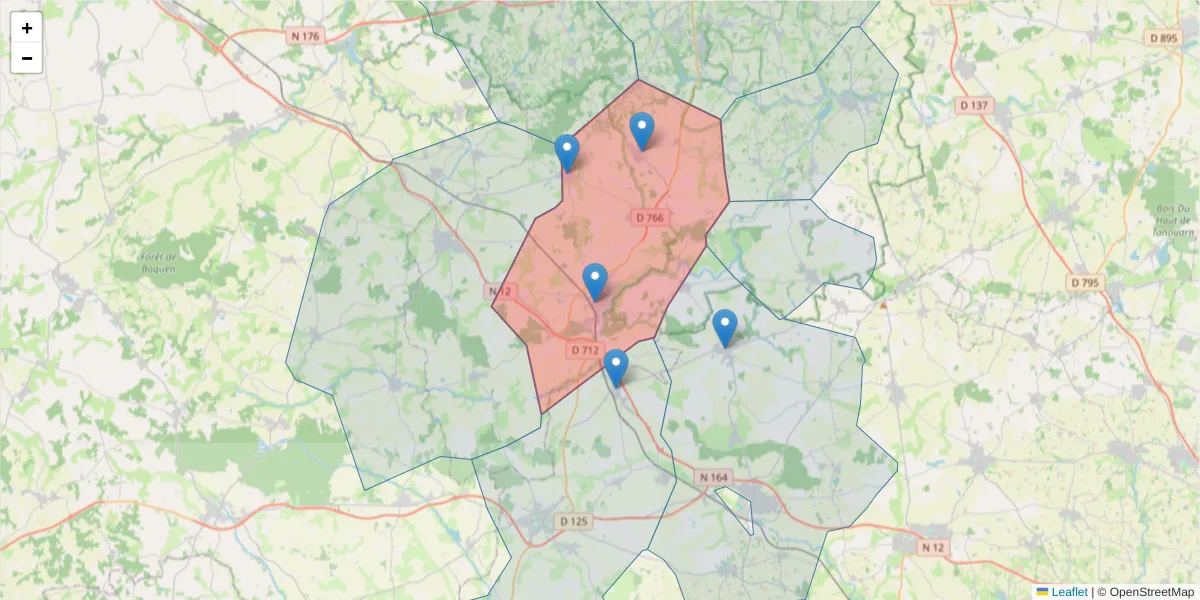 Carte de la zone du code postal  et des codes postaux voisins en France