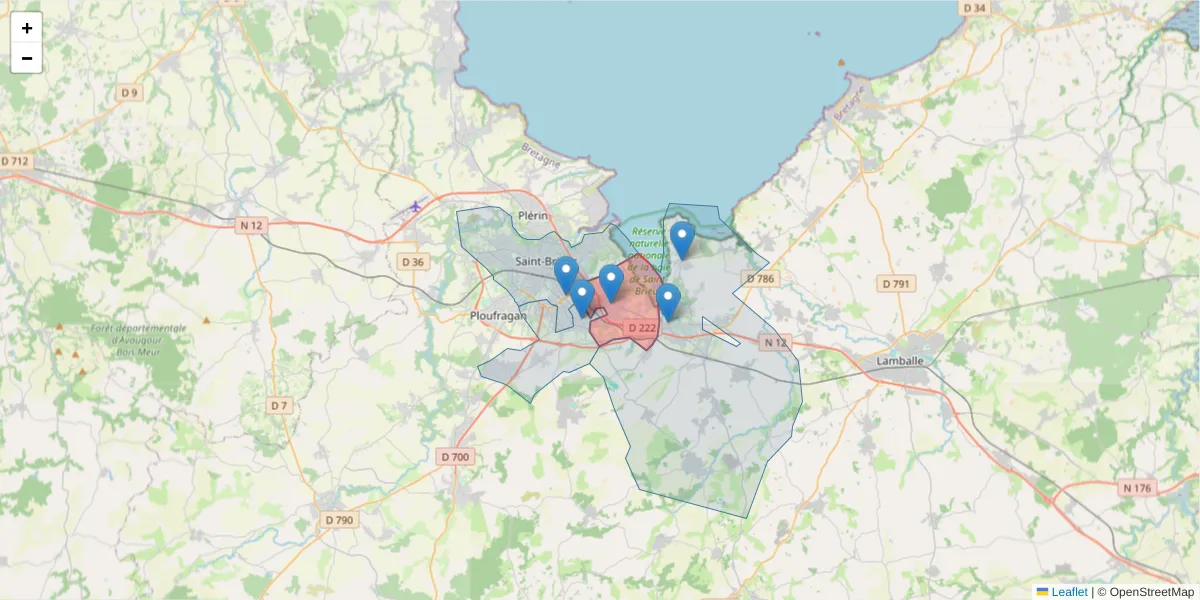 Carte de la zone du code postal  et des codes postaux voisins en France