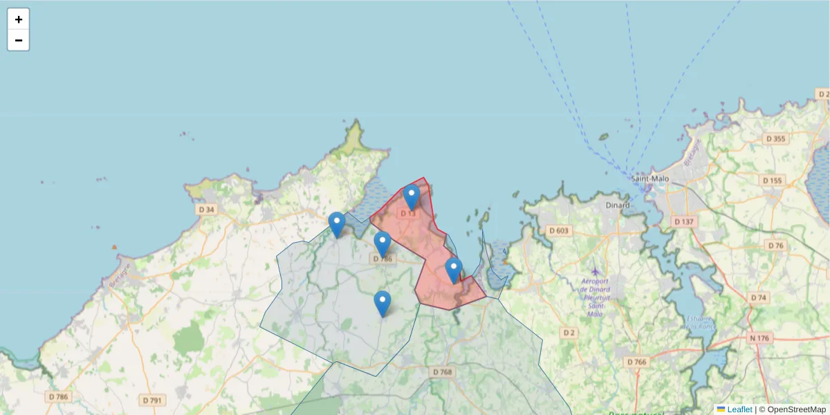 Carte de la zone du code postal  et des codes postaux voisins en France