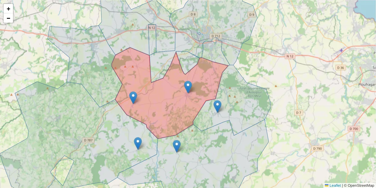Carte de la zone du code postal  et des codes postaux voisins en France