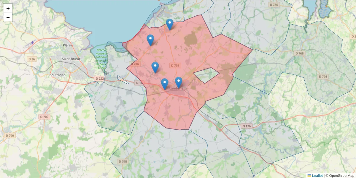 Carte de la zone du code postal  et des codes postaux voisins en France