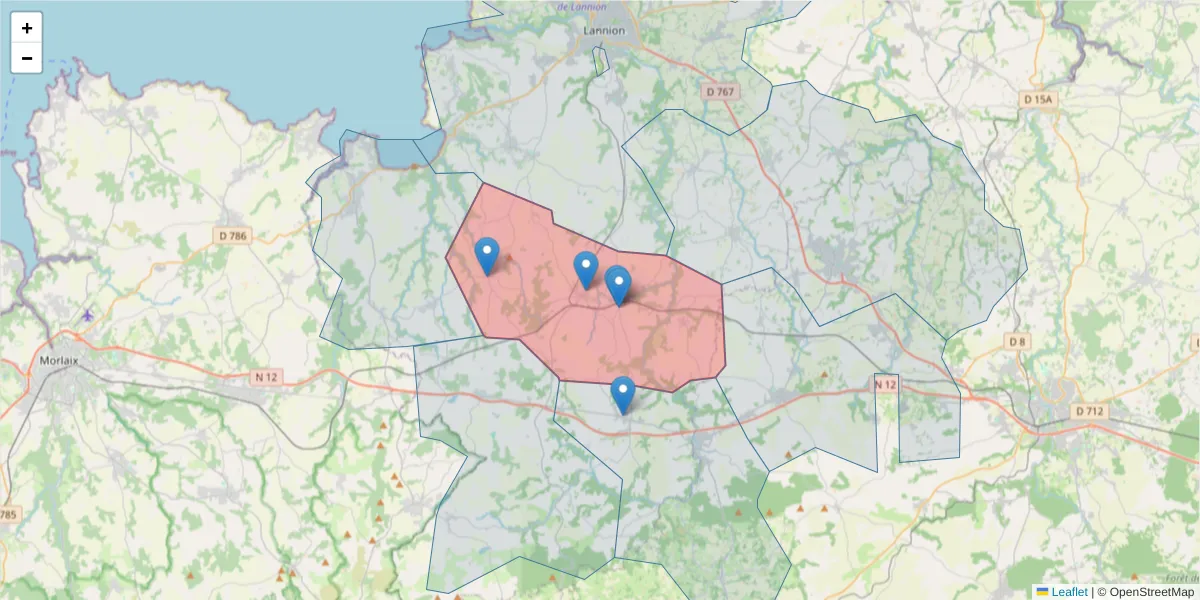 Carte de la zone du code postal  et des codes postaux voisins en France