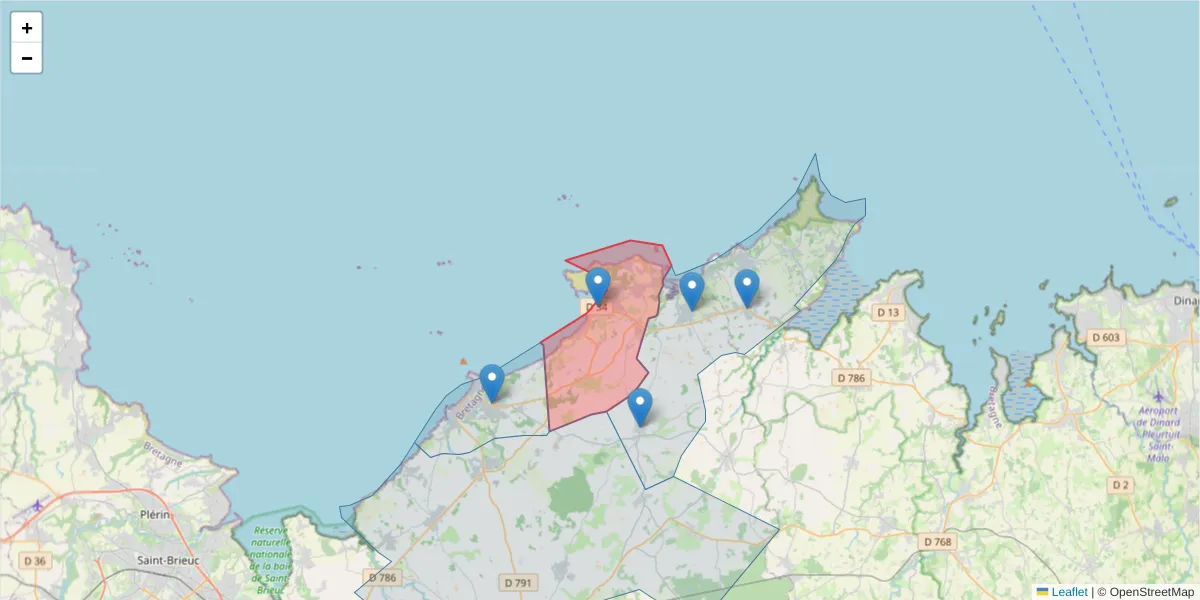 Carte de la zone du code postal  et des codes postaux voisins en France
