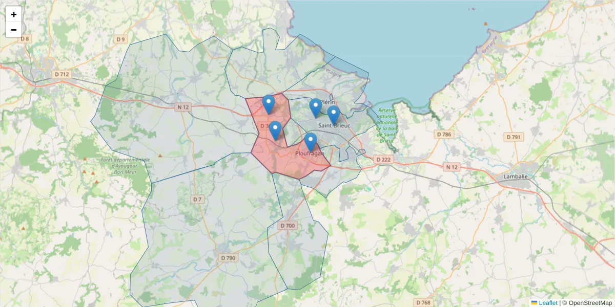 Carte de la zone du code postal  et des codes postaux voisins en France